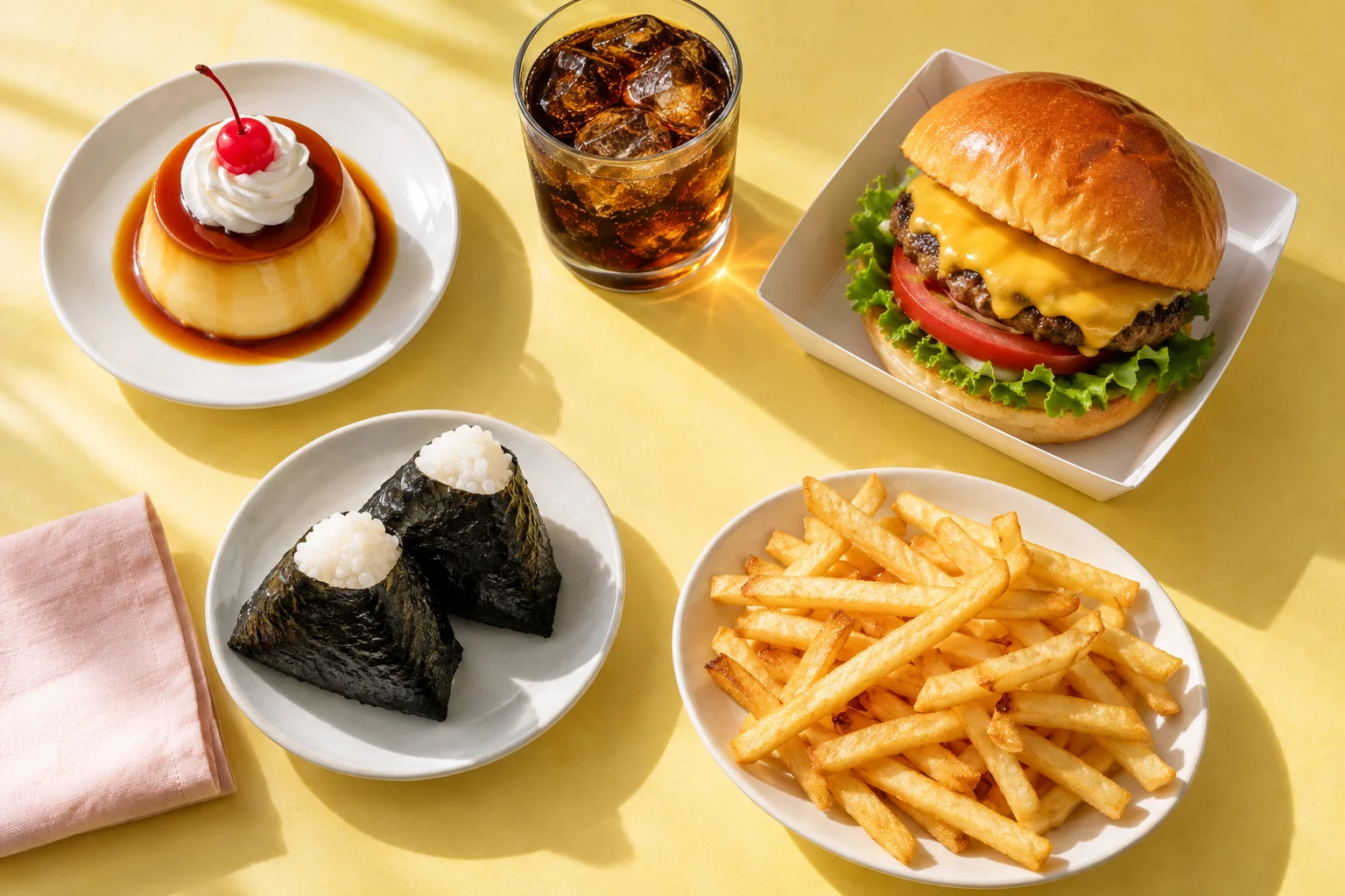 プリン、ハンバーガー、おにぎり、ポテトが並ぶ明るい食卓