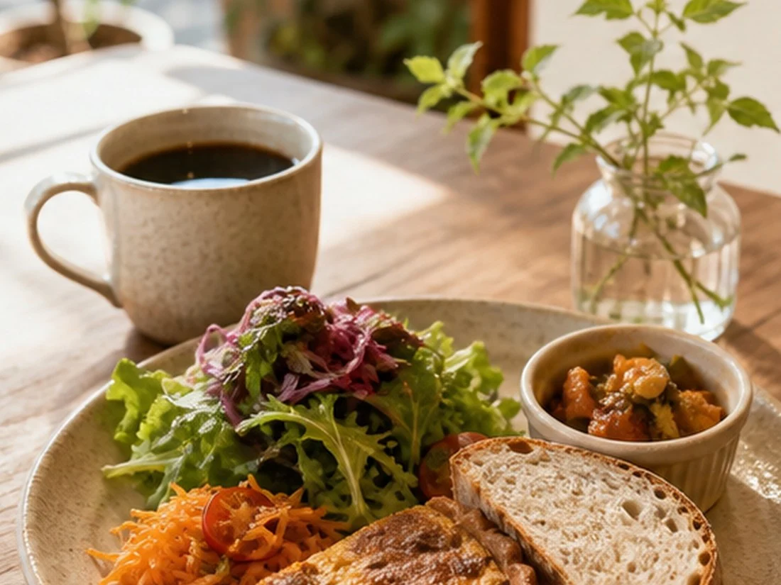 食事とコーヒーが並ぶテーブル