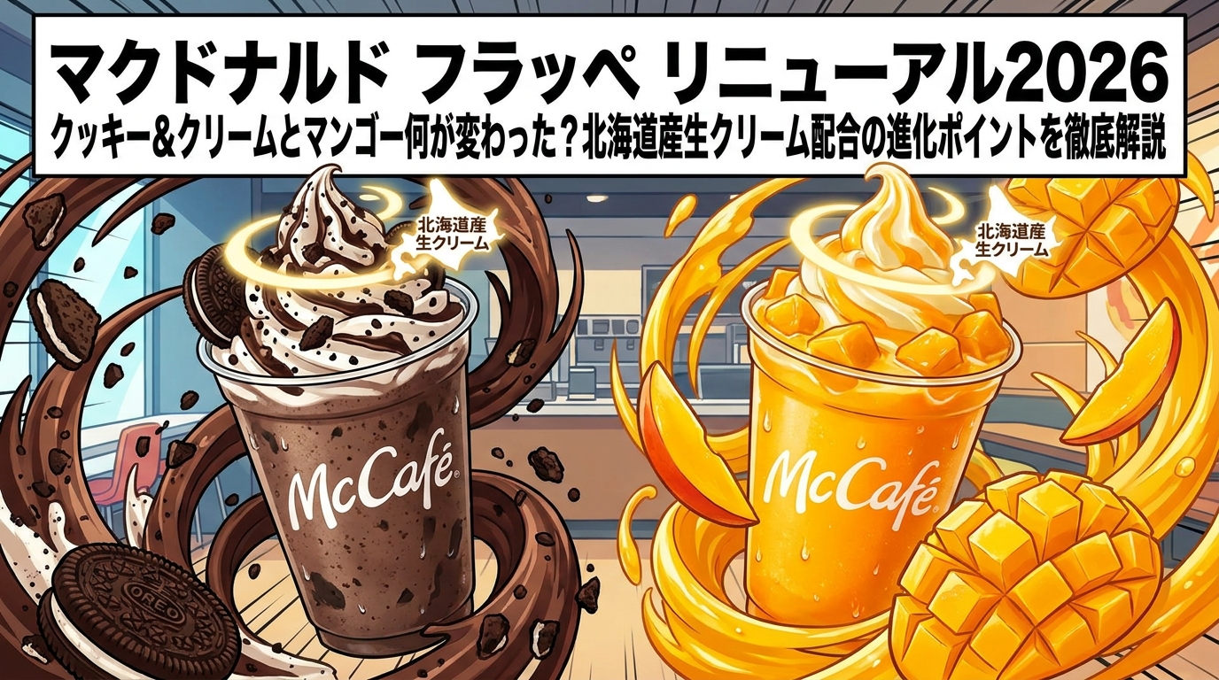 マクドナルド フラッペ リニューアル2026｜クッキー＆クリームとマンゴー何が変わった？北海道産生クリーム配合の進化ポイントを徹底解説